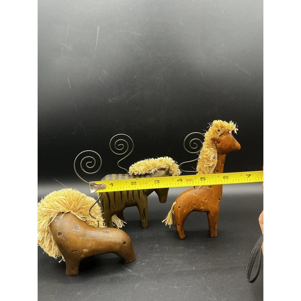 Carved Wood Animal Note Picture Holders Lion Giraffe Zebra Raffia Boho~ Set of 3